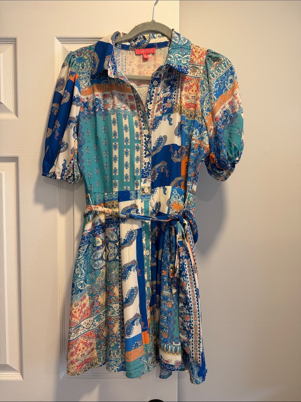 Flying Tomato Boho Patchwork Shirt Dress - Blue Multi